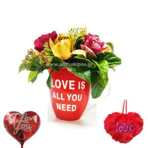 Flower arrangement in cup, teddy bear heart and balloon heart