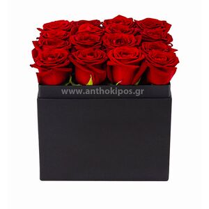 Red roses in black square box in row