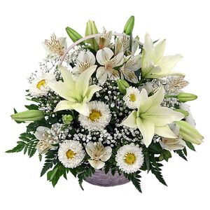 Flower arrangement basket in white shade for funeral