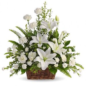 White flowers in basket for condolences