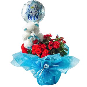 Flower arrangement for newborn baby boy consists of begonia plant, teddy bear and balloon