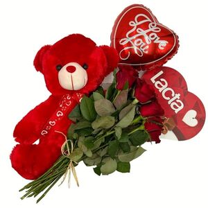 Σετ αγάπης με μεγάλο αρκούδο αγκαλιά με κόκκινα τριαντάφυλλα, μπαλόνι και σοκολατάκια