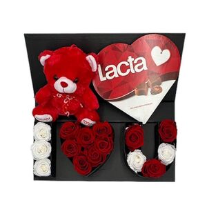 Set black box with fresh roses, teddy bear, and chocolates