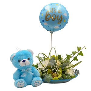 Γυάλινη πιατέλα με λουλούδια για νεογέννητο αγόρι με μπαλόνι και λούτρινο