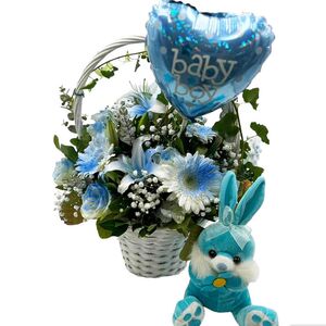 Basket with teddy bear and balloon for birth of boyBasket with teddy bear and balloon for birth of boy