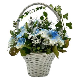 Basket with blue season flowers