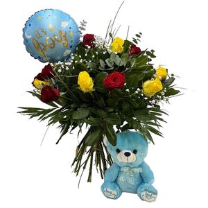 Βouquet, balloon and teddy bear for birth of boy