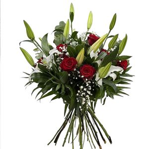 Impressive bouquet with oriental flowers and red roses