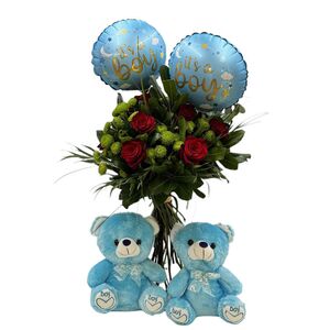 Bouquet compined with two balloons and and two teddy bears for twins babies boys