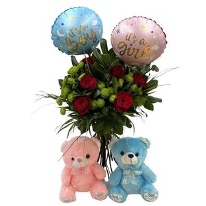 Bouquet compined with two balloons and and two teddy bears for twins babies babies, boy and girl