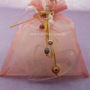 Wedding Favors, favor of pouch with glass heart in key ring