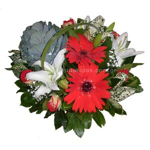 Flower arrangement in basket in red-white color