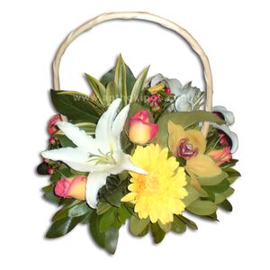 Flower arrangement in white-yellow color, in basket with handle