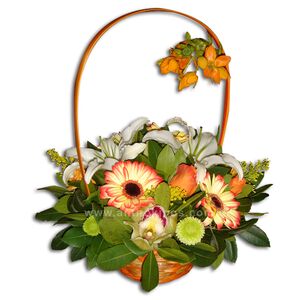 Flower arrangement in white-orange shade in basket with handle