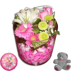 Flower arrangement for newborn baby girl with a balloon and a teddy bear