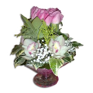 Flower Arrangement in Glass with Roses and Orchids