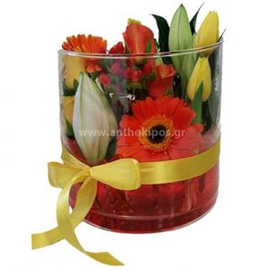 Roses, gerberes, tulips and oriental in glass