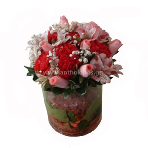 Roses, alstromeries and carnations in glass