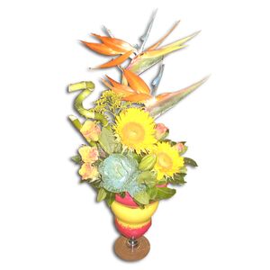 Roses, Gerberes, Birds of Paradise and Baboo in Glass Vase