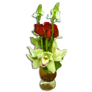 Τριαντάφυλλα, ορχιδέες και ορνιθογγάλιουμ σε γυαλί