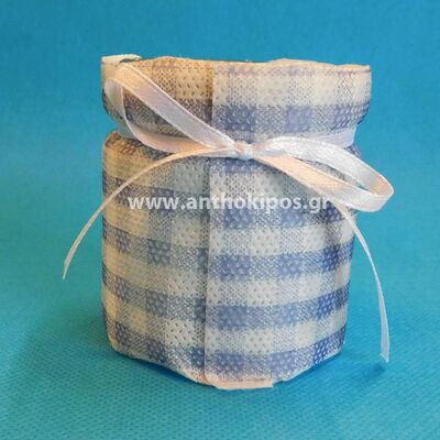 Christening Favor with glass jar wrapped with plaid fabric