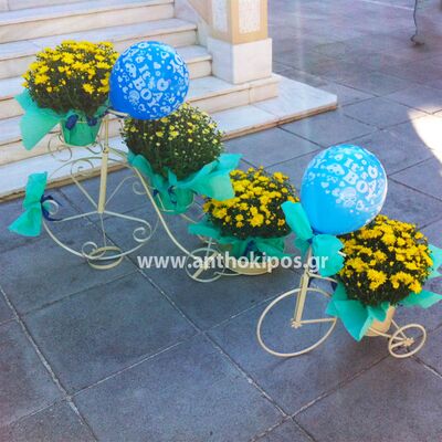 Baptism For Boy with bicycles, ribbons, balloons and chrysanthemum plants
