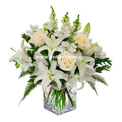 All white bouquet in glass vase