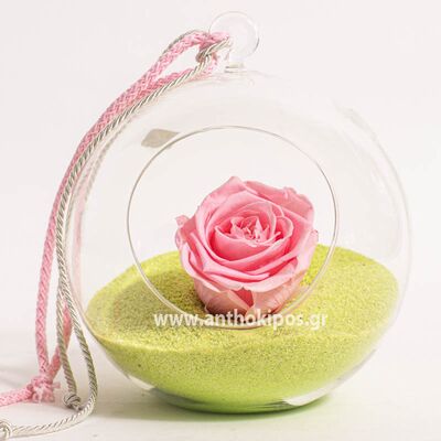 Glass ball with pink rose that lives for ever