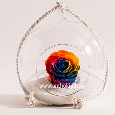 Glass ball with rainbow rose that lives for ever