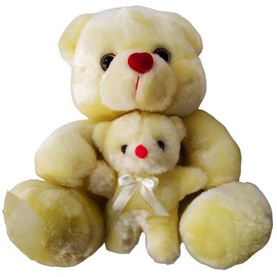 Beige teddy bear hugging his little baby