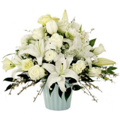 White flowers for funeral in basket