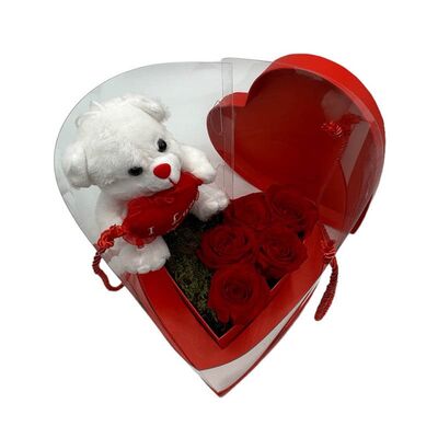 Καρδιά κουτί με αποχυμωμένα τριαντάφυλλα και λούτρινο αρκουδάκι