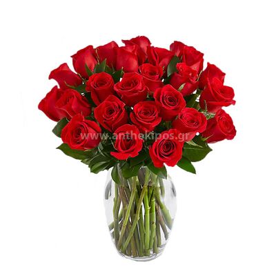Bouquet with red roses in glass vase
