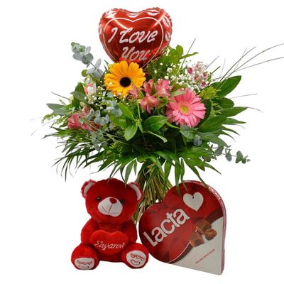 Set of love with bouquet, teddy bear, balloon and chocolate