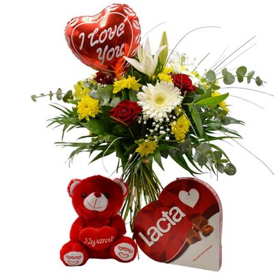 Love set with bouquet, teddy bear, balloon and chocolate