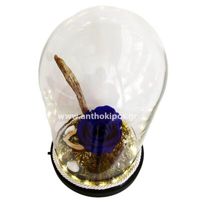 Glass led bell with blue rose that lives for ever