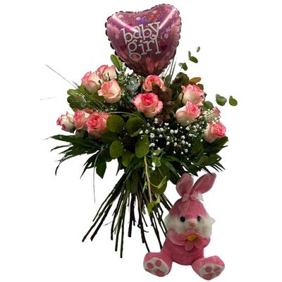 Composition with bouquet, balloon and teddy bear for newborn baby girl
