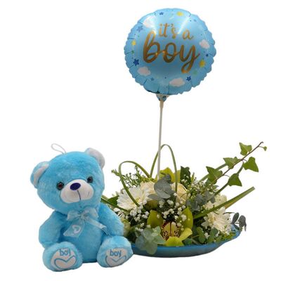 Glass plate with flowers for newborn boy with balloon and teddy bear