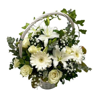 Basket with white season flowers