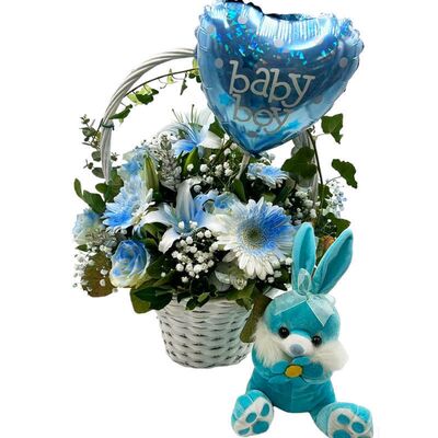 Basket with teddy bear and balloon for birth of boy