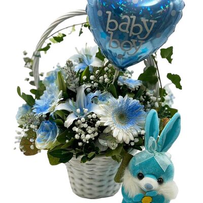 Basket with teddy bear and balloon for birth of boy