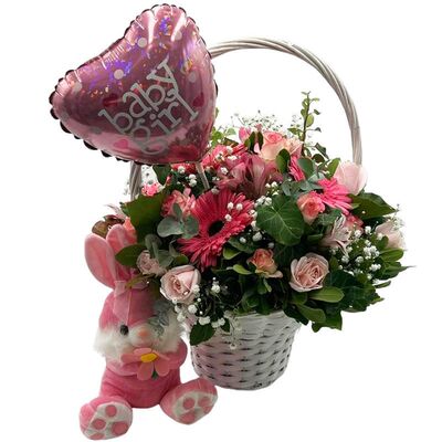 Basket with teddy bear and balloon for birth of girl