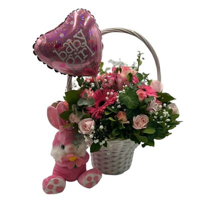 Basket with teddy bear and balloon for birth of girl