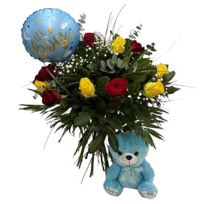 Βouquet, balloon and teddy bear for birth of boy