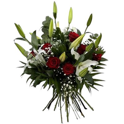 Impressive bouquet with oriental flowers and red roses
