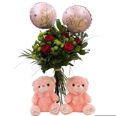 Bouquet compined with two balloons and and two teddy bears for twins babies girls
