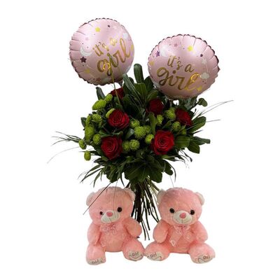 Bouquet compined with two balloons and and two teddy bears for twins babies girls