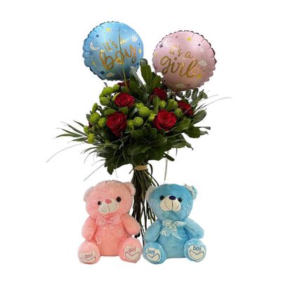 Μπουκέτο συνδυασμένο με δύο μπαλόνια και δύο αρκουδάκια για δίδυμα μωράκια, αγόρι και κορίτσι