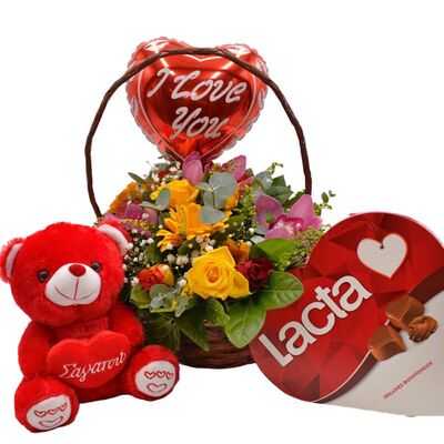 Set of love with colorful basket, teddy bear, balloon and chocolates