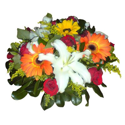 Flower Arrangenent with roses, gerberes, oriental and import folliages